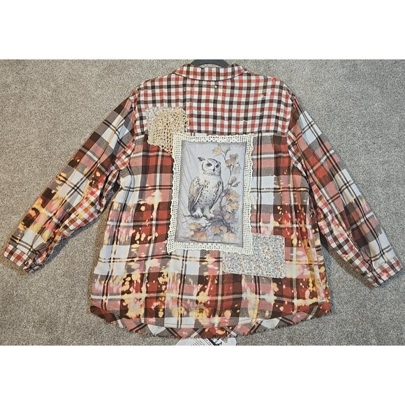 OOAK Upcycle Flannel Tunic Shacket Shirt Birding Owl Fall Distressed Women's L - Picture 1 of 12